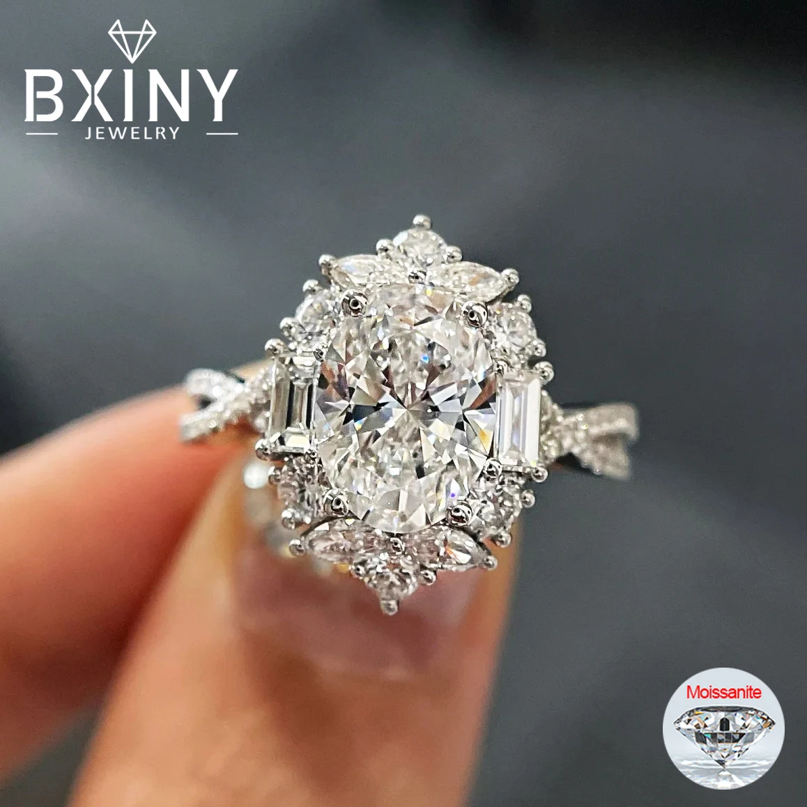 

BXINY 2 Carat Oval Cut Moissanite Rings 925 Sterling Silver for Women GRA Certified Lab Diamond Wedding Band Gifts Fine Jewelry