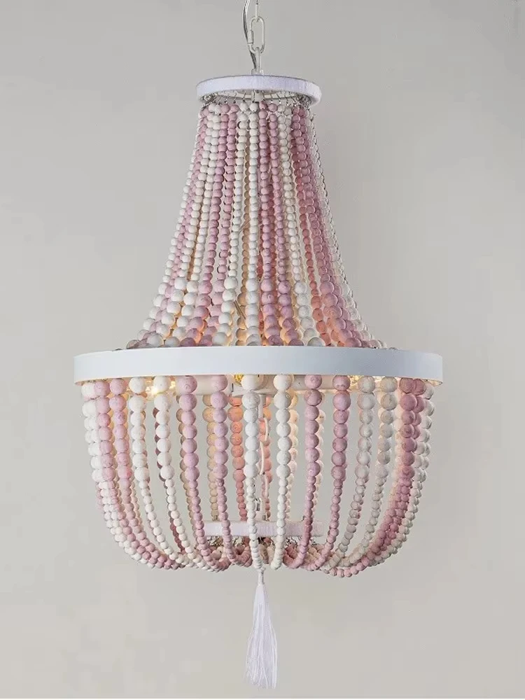 보헤미안 스타일 천장 조명 목가적 인 나무 구슬 디자인 샹들리에 거실 조명 식당 침실 조명 소녀 방 장식