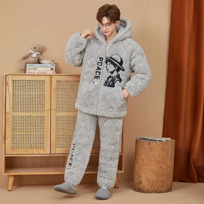 

Цельный мужской зимний комплект одежды для сна Luffy, длинный пушистый комплект домашней одежды со шляпой, комплект из двух предметов, хлопковое термобелье, подарок