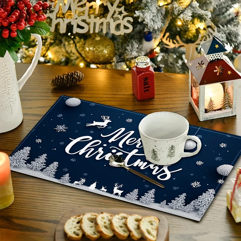 4pcs Christmas Placemat Set, Blue‑Background White Snowflake Reindeer Bauble Print,Washable for Kitchen Family Party Table Decor