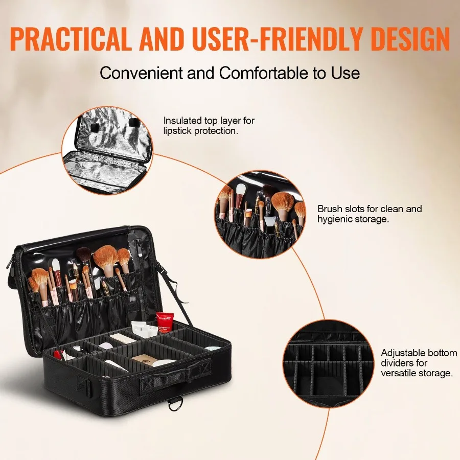 VEVOR 메이크업 트레인 케이스 대형 수납 3단 편리한 휴대용 손잡이 스트랩 전문 방수 옥스포드 메이크업 수납함