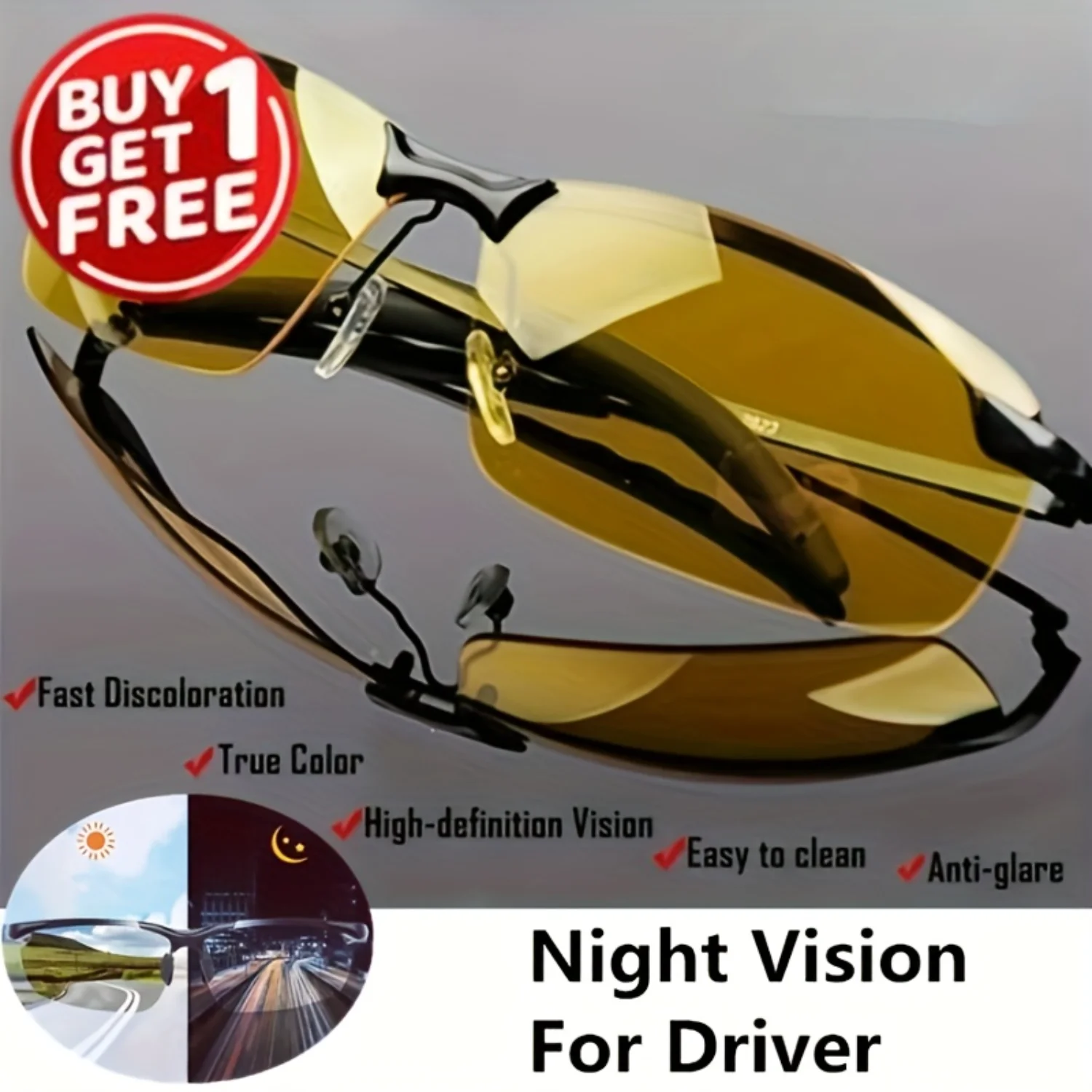 2pcs Night Vision Driving Glasses For Women Men Drivers Rectangle Semi Rimless Sunglasses Goggles, Buy One Get One Free Quay