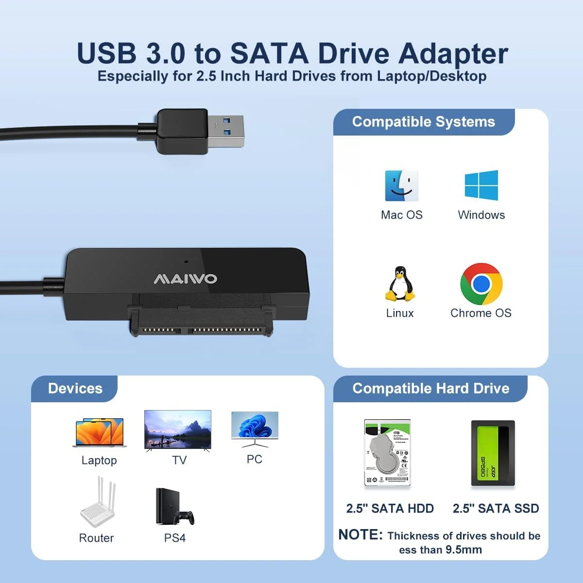 MAIWO USB 3.0 2.5인치 HDD SSD 외장 스토리지 케이스 SATA 5Gbps 하드 드라이브 디스크 박스 (PC 노트북 플러그 앤 플레이 지원, 7-9.5mm)