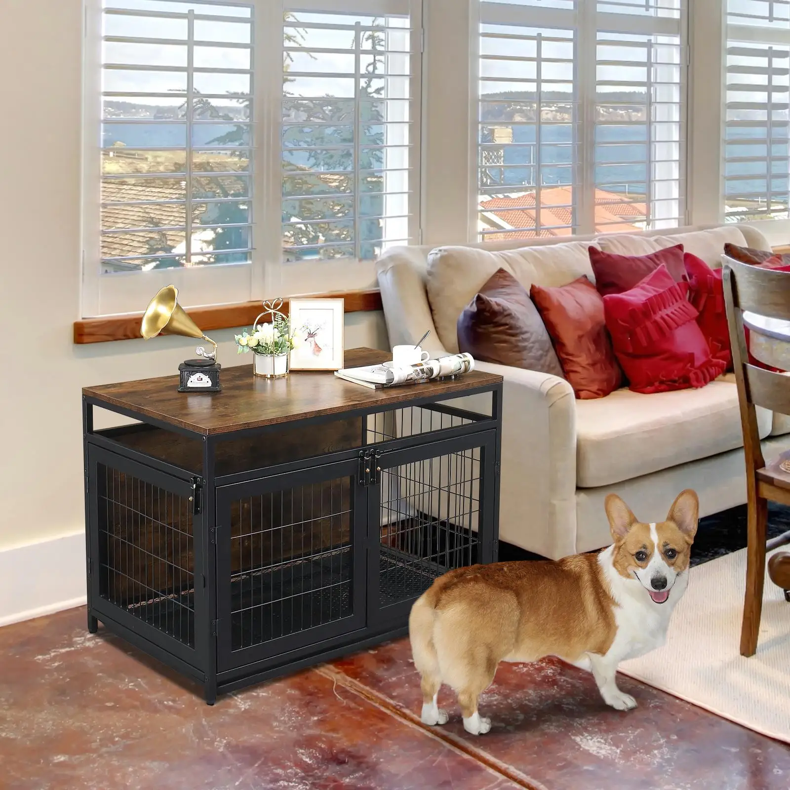 37.4 Rustic Brown Dog Cage Furniture - Sturdy Crate for small /Medium Dogs, 3 Doors & Locks, Anti-Chew, Indoor End Table