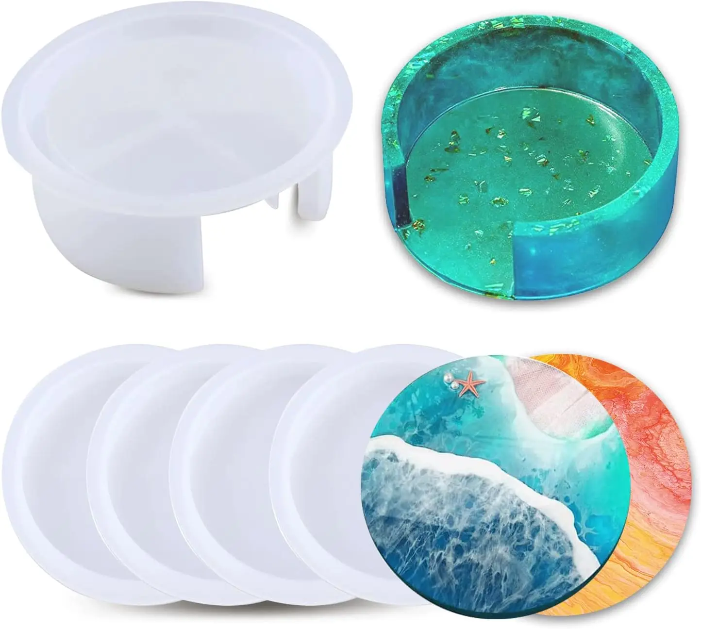 Set Of 5 Pieces DIY Circular Coaster Mold Crystal Epoxy Resin Mold Square Coaster Resin Silicone Mould Flower Cup Mat Mould