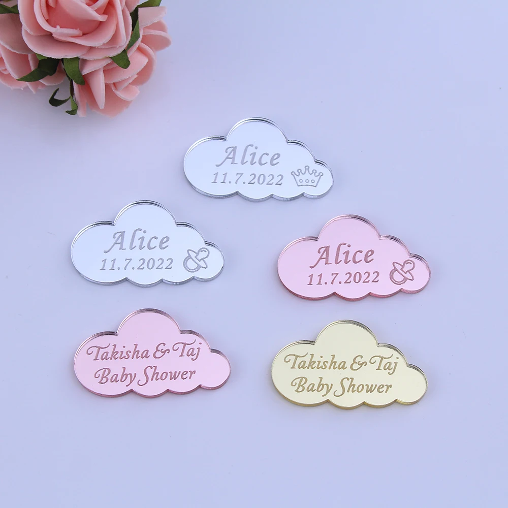 

50pcs Personalized Engraved Cloud Name Tags Mirror Invitation Cards Chocolate Tag Party Baby Shower Guest Gift Wedding Decor