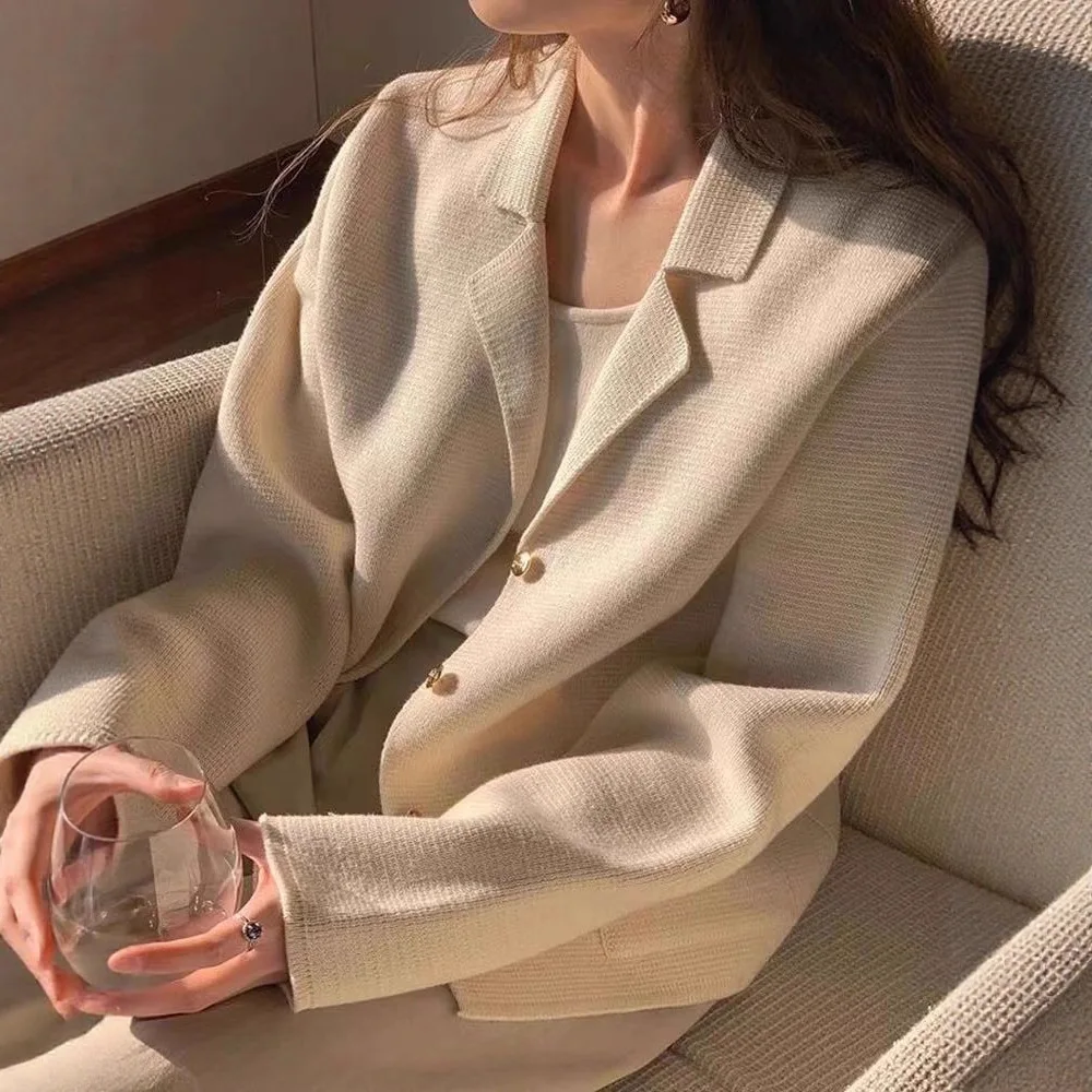 الكورية الحد الأدنى نمط دعوى طوق سترة مشغولة من الصوف الخريف الملابس النسائية تصميم جديد الشعور سترة أنيقة سترة بالأزرار #2