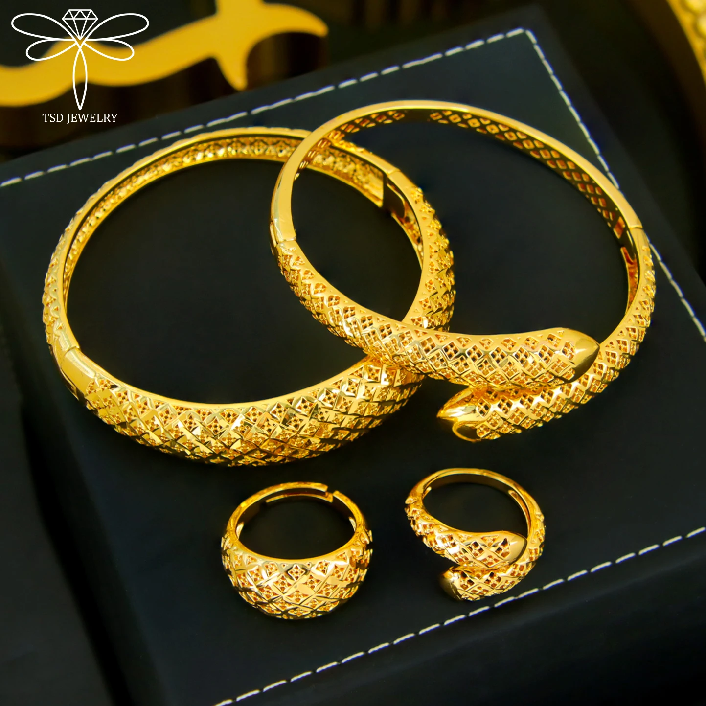 Arabischer Brautschmuck, 21k vergoldet, Habesha Mode, offene Armreifen, Ring-Set, Dubai, islamischer Damenschmuck für Veranstaltungen und Partys – Detail 3