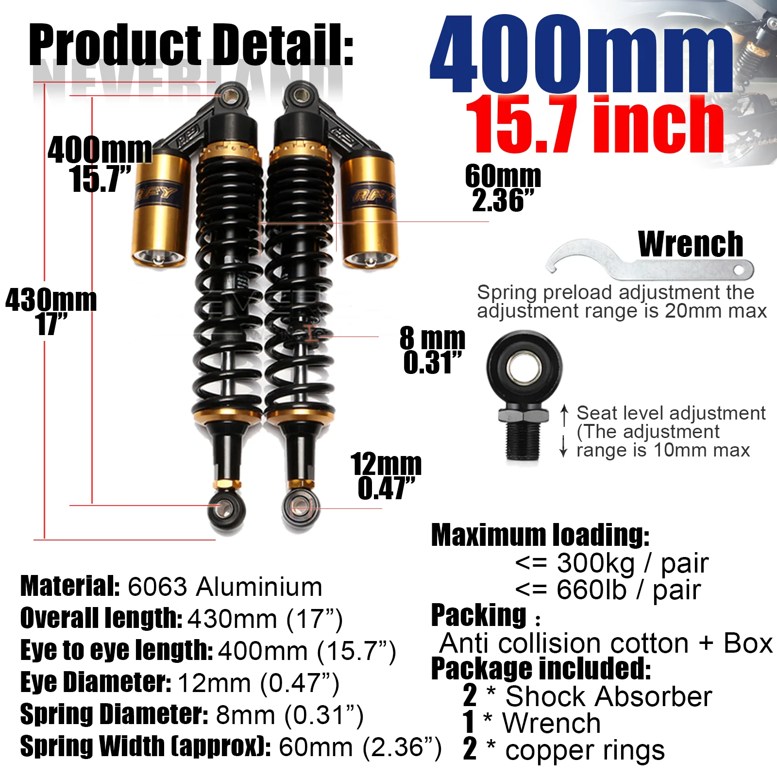 280Mm 320Mm 340Mm 360Mm 380Mm 400Mm 440Mm Motorcycle Air Schokdemper Achterwielophanging atv Quad Scooter Dirt Bike Motor D30