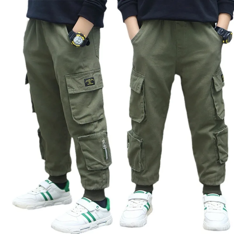 Boys Cargo Pants Spring Streetwear Jogger Sweatpant Trousers Teenage Kids Elastic Waist Long Pants for Children 10 to 12 Years