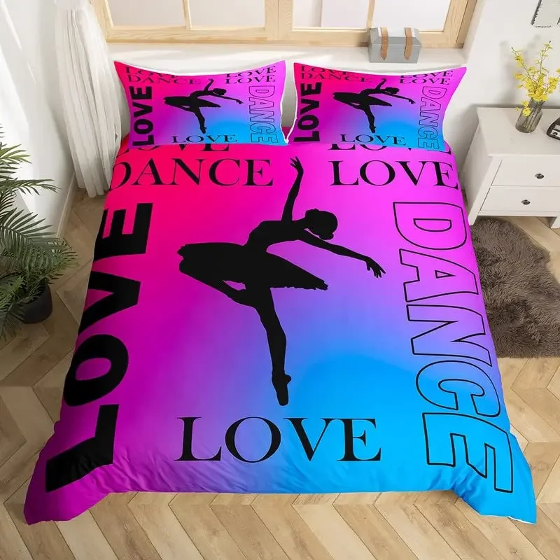 Love Gymnastics King Queen Duvet Cover Floor Exercises Ballet Bedding Set Neon Pink Dance Comforter Cover Polyester Quilt Cover