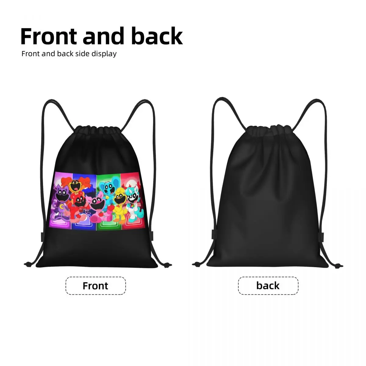 Custom Colorful Smiling Big Mouth Critters Group Drawstring Backpack Gym Sackpack Foldable Scarry Animated Game Training Bag