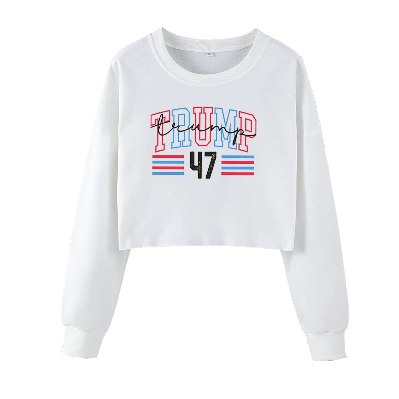 Trump 47th President Crop Pullover Red And Blue Alphabet Pattern Print Vintage Streetwear Sweatshirts Warmth Suitable For Autumn