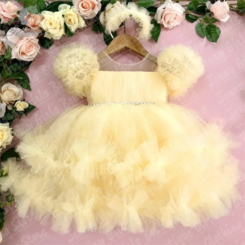 Linda menina glitter pérolas luz amarelo casamentos vestidos tule arco flor vestidos da menina inchado curto baile de formatura fotografia