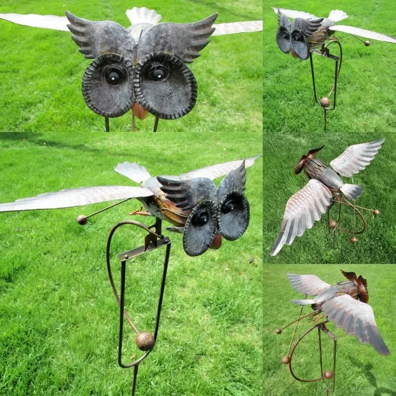 

Wing Flapping Kinetic Dynamics Metal Owl Garden Animal Statues Yard Stake Rocking Wind Spinner Metal Owl Lawn Decor Decorations