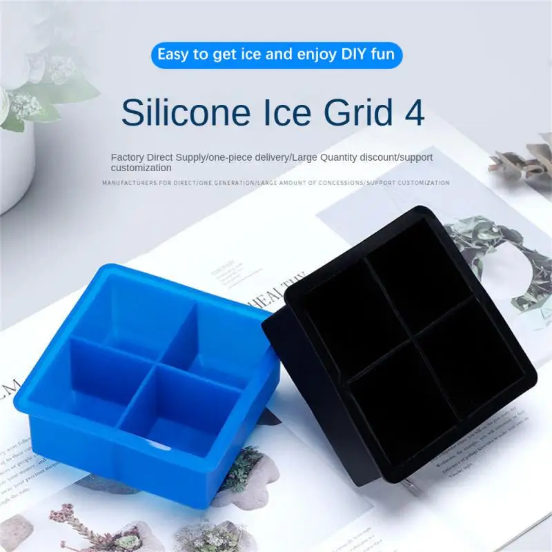 4 Holes Silicone Ice Tray Big Ice Grid Mold Whiskey Coffee Square Ice Grid Mold Quick-frozen Ice Box Kitchen Ice Making Gadget