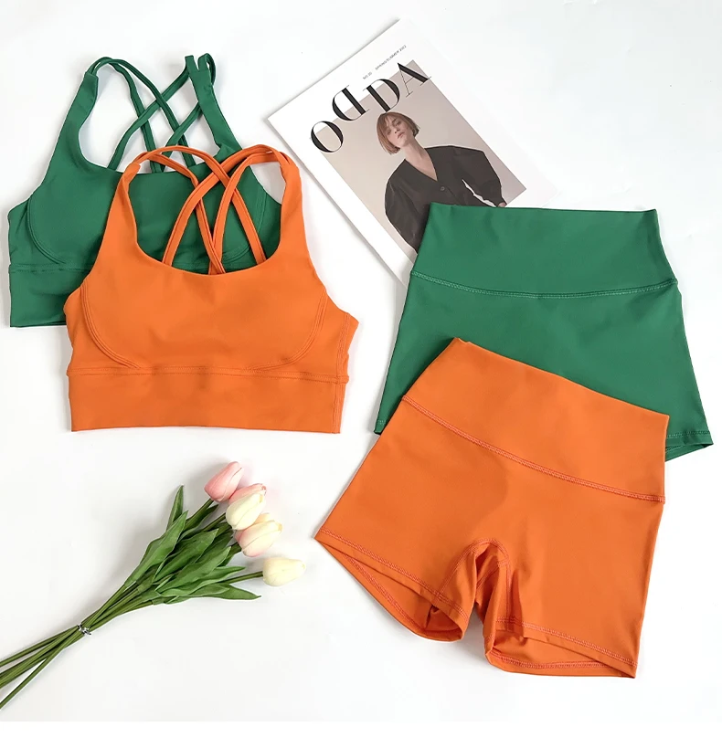 2026 Sommer 2-teiliges Damen-Yoga-Shorts-Set, hochintensives Yoga-Top mit gekreuztem Rücken, hochtaillierte, hüfthebende Yoga-Shorts, Yoga-Sportbekleidung – Detail 1