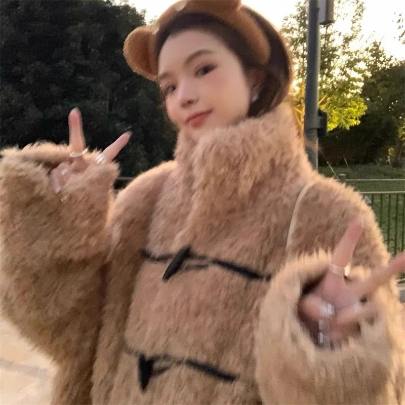 Preto irmão teddy pupu chao couro laço chifre de vaca fivela quente solto imitação lã cordeiro casaco cardigan jaqueta jj770