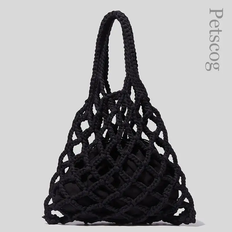 Designer Braided Women\'s Bag Cotton Linen Mesh Handbag Fashion Casual Shoulder Bag Summer Woven Beach Bucket Tote Bags 2022