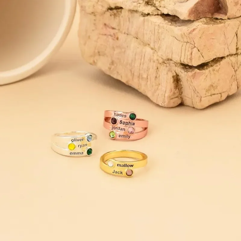 Personalized Birthstone Name Ring Custom Engraved Children Names Ring Waterproof Stacking Gold Ring Jewelry Gift For Mom Women