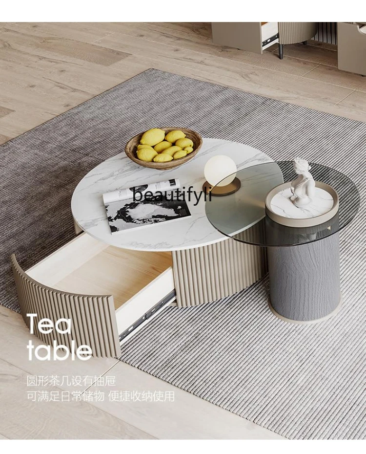 Modern Simple Coffee Table TV Cabinet Unit Italian Minimalist Stone Plate Size Circle and Creative