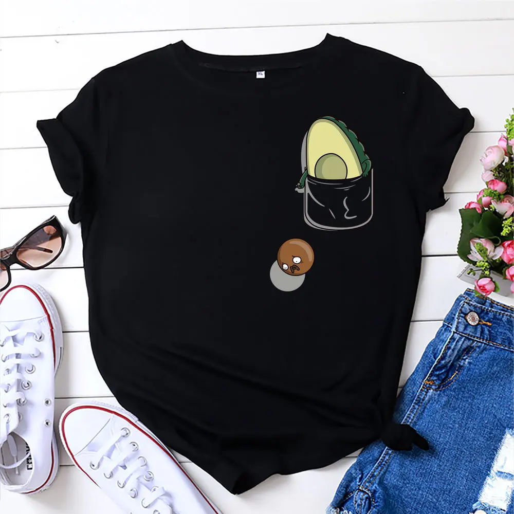 Funny Pocket Avocado Print T Shirt Women Short Sleeve O Neck Loose Tshirt Summer Women Tee Shirt Tops Clothes Camisetas Mujer