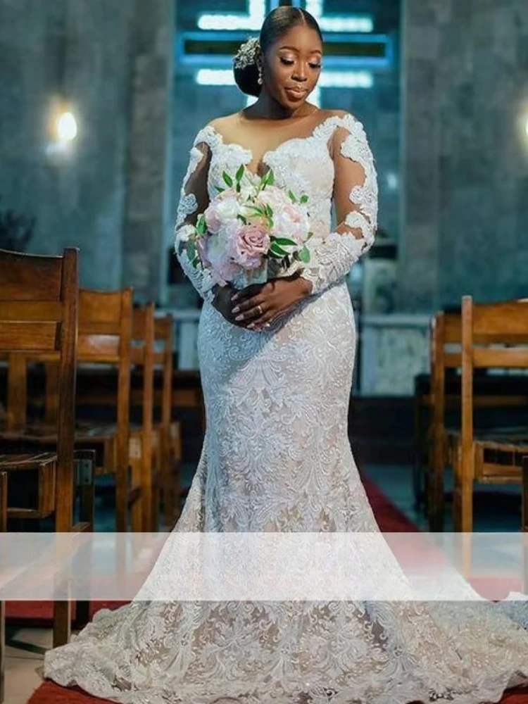 Afrikanische Volle Spitze Meerjungfrau Brautkleider Mit Sheer Neck Illusion Lange Ärmel vestido de noiva Plus Größe Brautkleid Aso Ebi