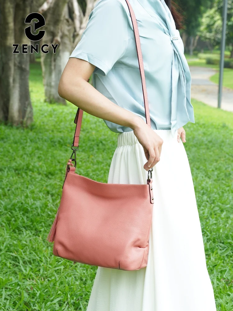 Zency Elegant Leather Bag For Women 100% Cowhide Leather Shoulder Bag Handbag Crossbody Bag Large Capacity Tassel Hobo Bags