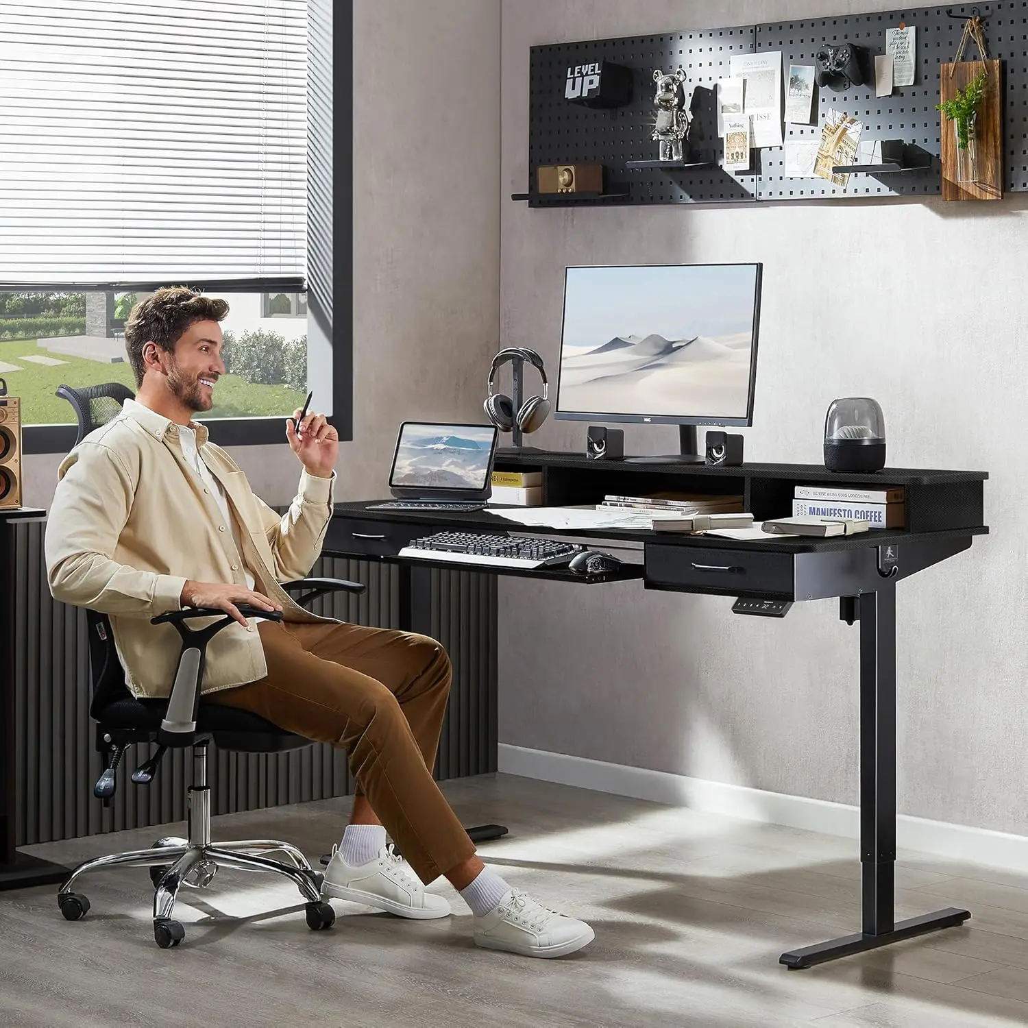 Height Adjustable Stand up Desk with 2 Drawers, Ergonomic Sit to Stand Desk with Storage Monitor Stand, Computer Table, Black