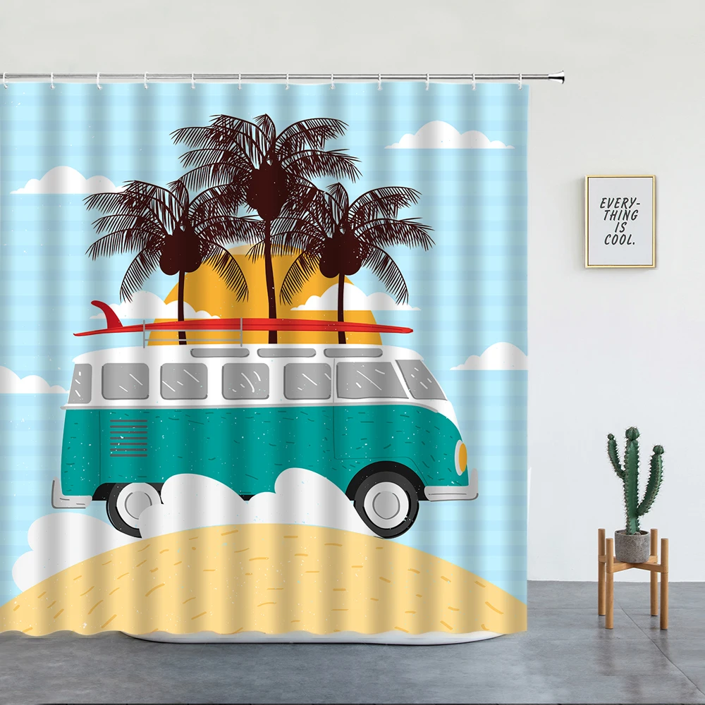 Palm Trees Ocean Surf Shower Curtains Surfboard Camper Bus Vacation Hawaii Scenery Modern Summer Home Decor Bathroom Curtain Set