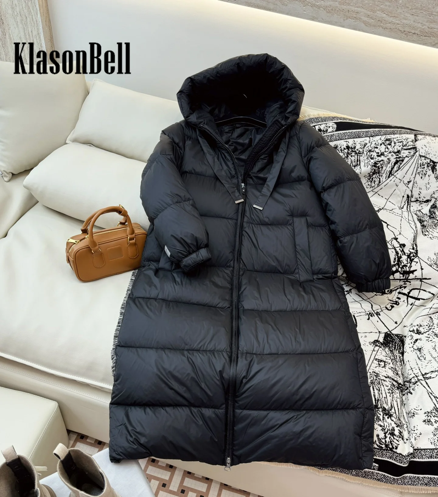 9.6 KlasonBell Women Fashion Solid Hooded Thick Keep Warm Goose Down Outerwear Elastic Cuff Long Sleeve Zipper Long Jacket