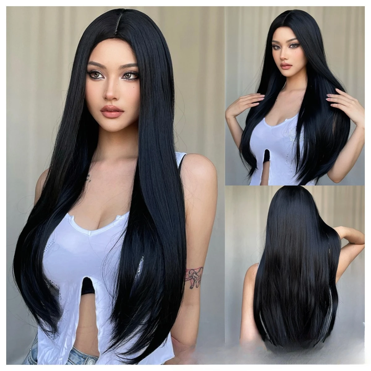 

Black medium split long straight hair full hood smooth natural rose mesh wigs