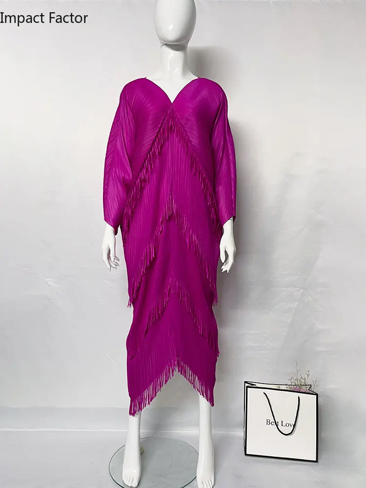 

New Fashion Women's Fringed Rose Red Dress Bat Sleeve V-neck Long Mid-calf Dress In Summer of 2023