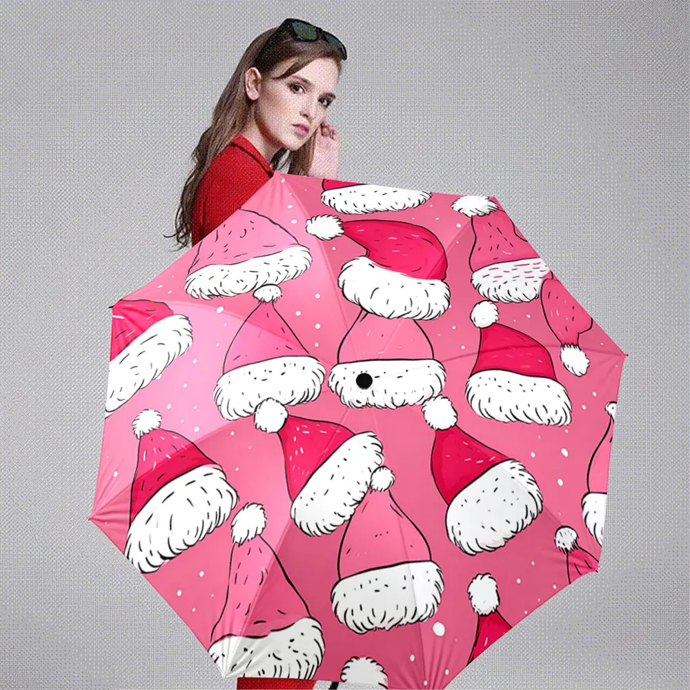 Pink Background Santa Hats Pattern Christmas Umbrella Portable Folding Umbrella, Gift for Family And Friends