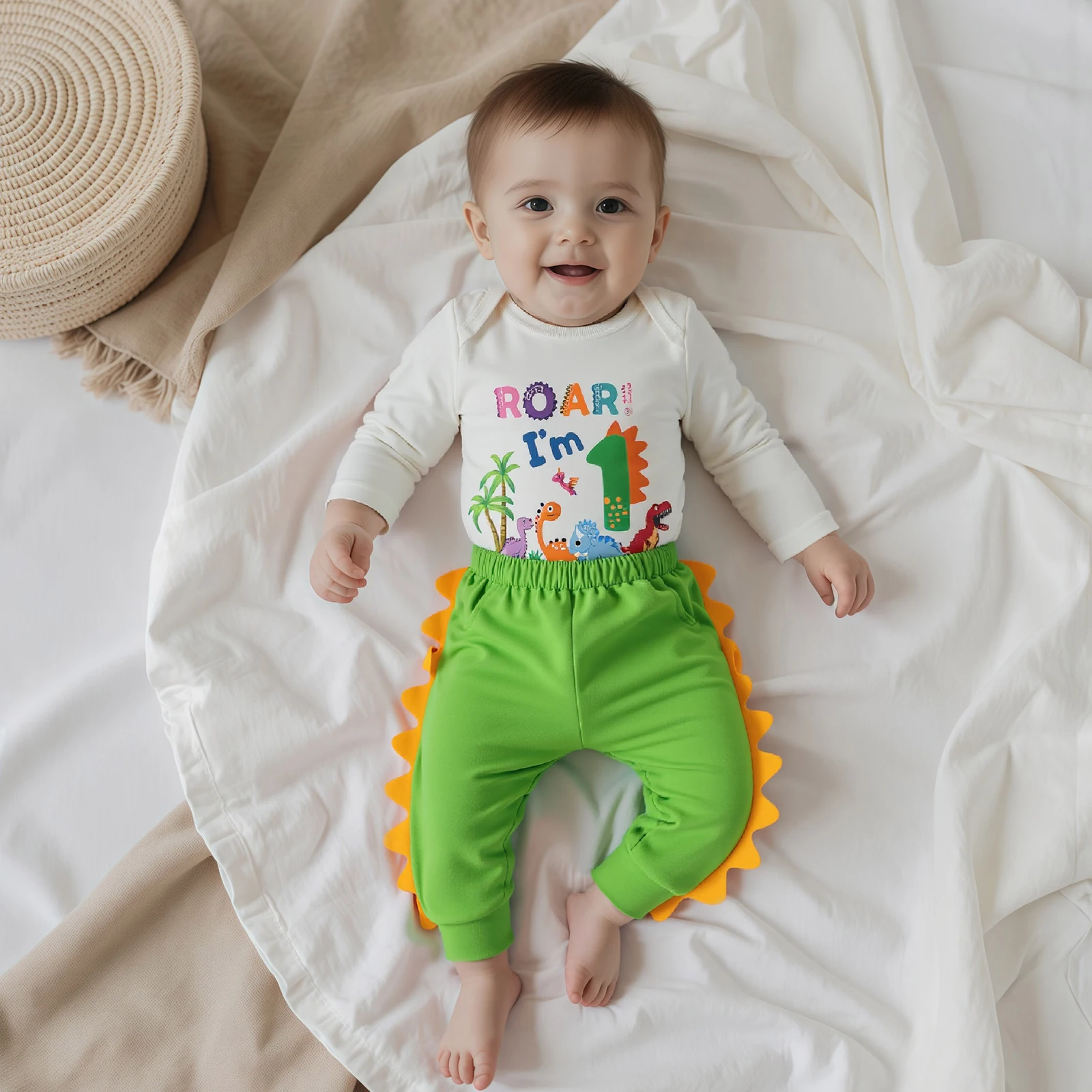 

Blotona Toddler Baby Boy's Birthday Clothing Set Fashionable Long Sleeve Dinosaur Printed Romper with Pants 2Pcs Fall Outfits