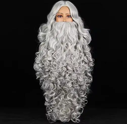 75cn/30Inch Christmas Santa Claus Beard Long White & Gray Curly Synthetic Hair Wig Cosplay Men Wizard Hairpiece Accessories