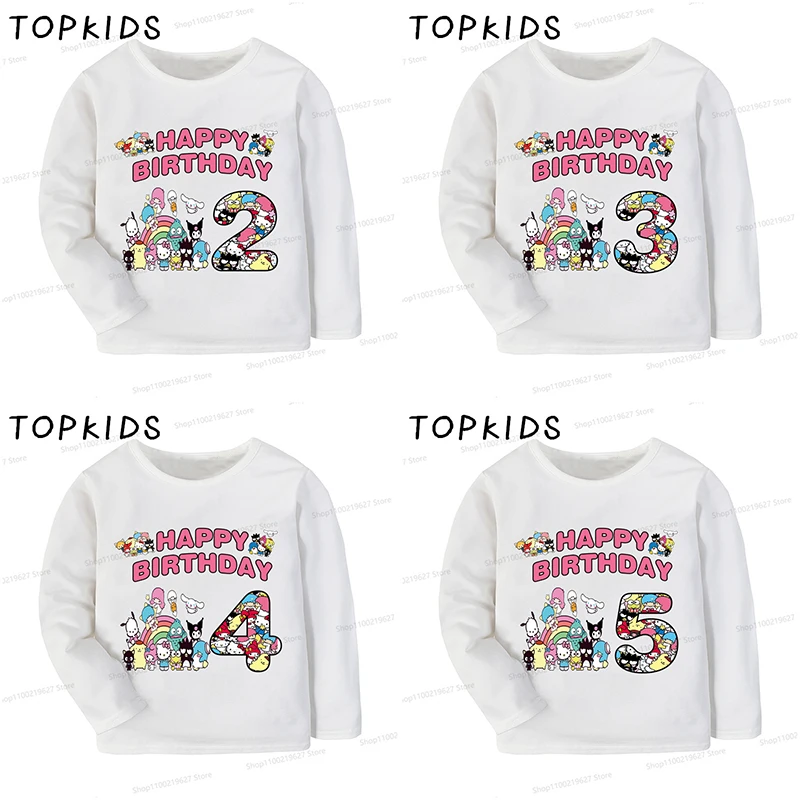 Sanrio Hello Kitty And Friends Girls Clothes Kids T shirt 1 2 3 4 5 6 7 8 9 Years Birthday Number Long Sleeve Baby Boys T-Shirts