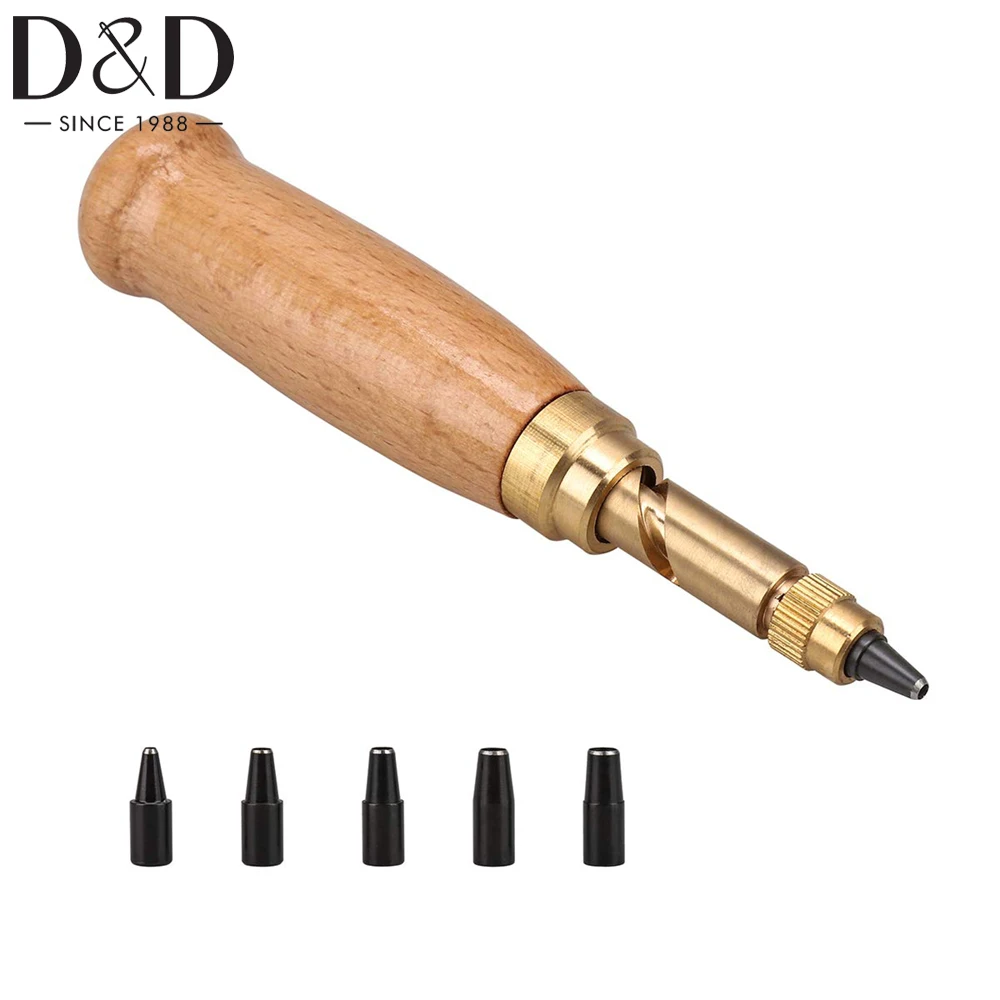 1Set 1.5-4mm Adjustable Screw Hole Punch Automatic Hole Punch Tool Wood Color Wooden Handle Bookbinding Tool Leather Hole Punch