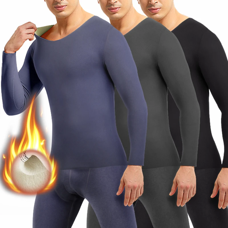 Mens V-neck Set of 2 Thermal Underwear Suit Long Johns Fleece Lined Keep Warm Undershirts Cold Weather Clinging Bottoming Shirts