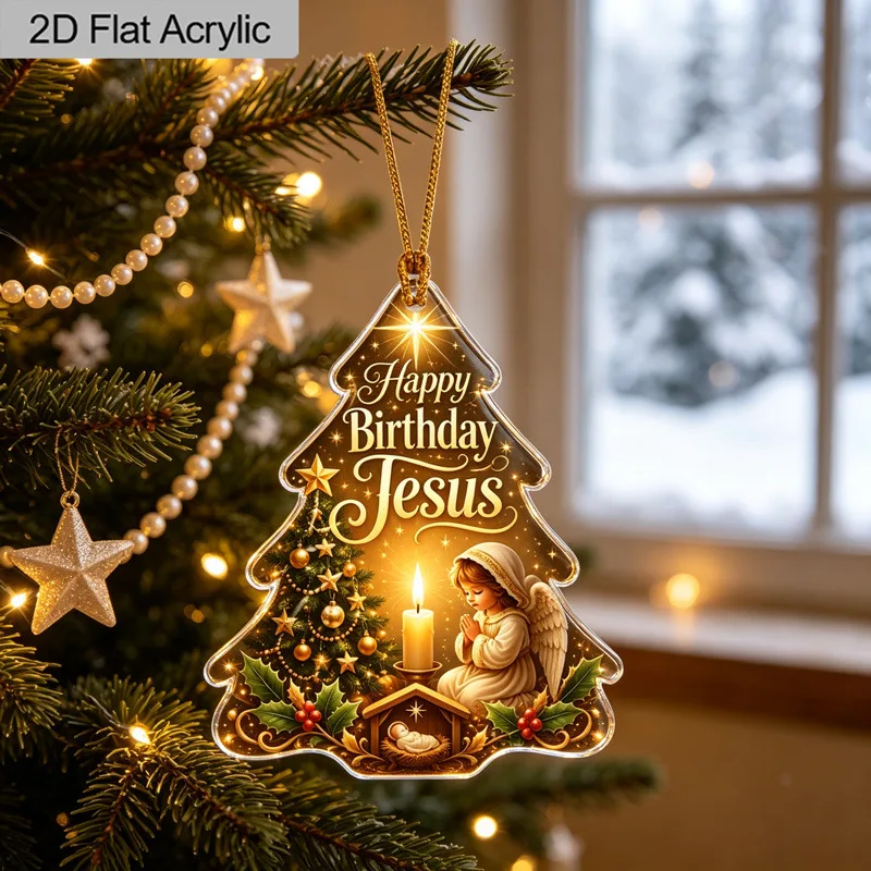 2D Acrylic Christmas Ornament Hanging Pendant Keychain Happy Birthday Jesus Christmas Tree Decoration Christian Holiday Gift