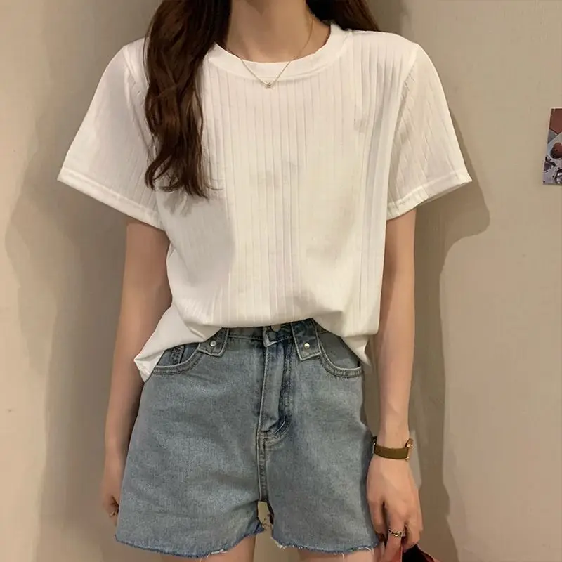 

Women's Summer Fashion Simplicity Solid Color O-neck Short Sleeve T-Shirt Women Clothes Office Lady All-match Casual Loose Tops