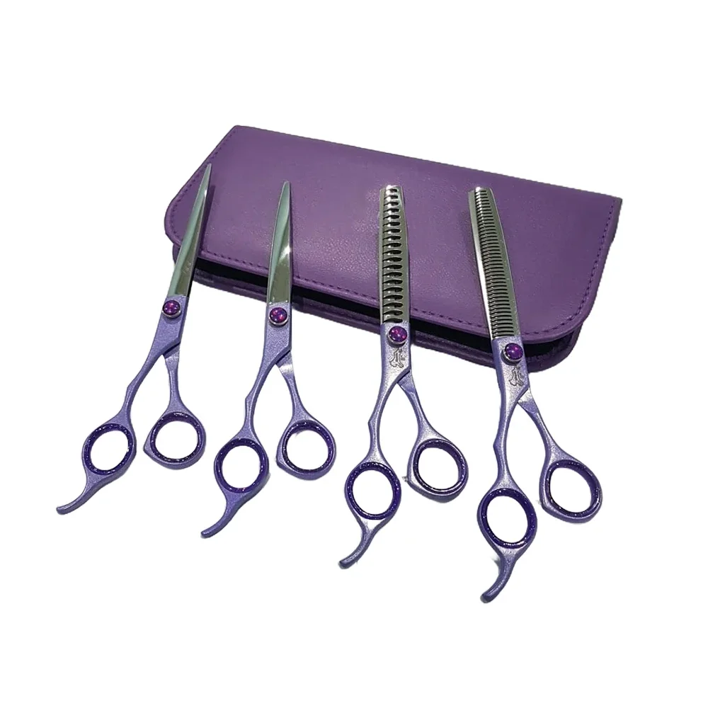 Left-Handed Pet Grooming Set for Dogs & Cats Includes 4 Stainless Steel 6.5'' & 7'' Straight Curved Thinning Chunker Scissors