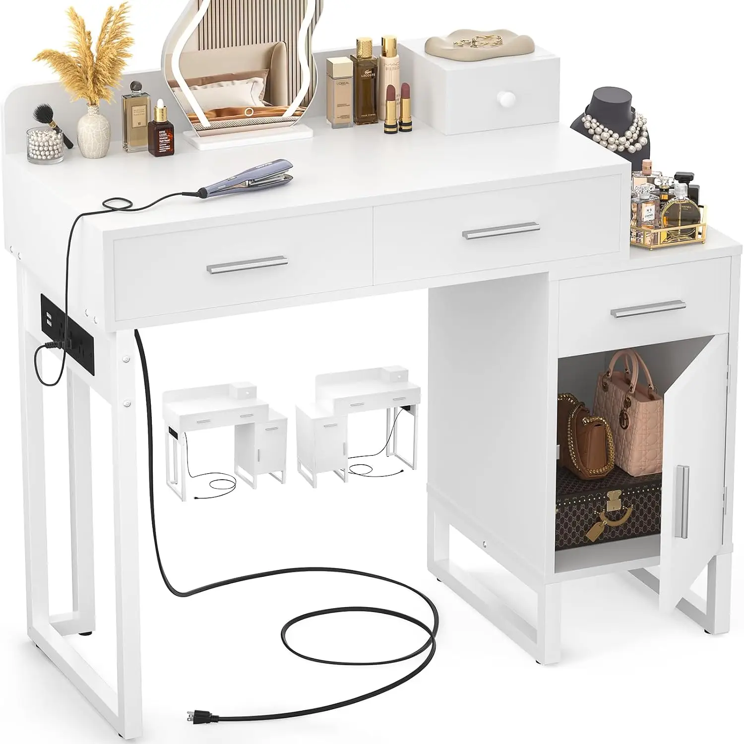 Vanity Desk with 4 Storage Drawers - Modern Makeup Vanity Table with Charging Station, White Vanity Desk with Reversible