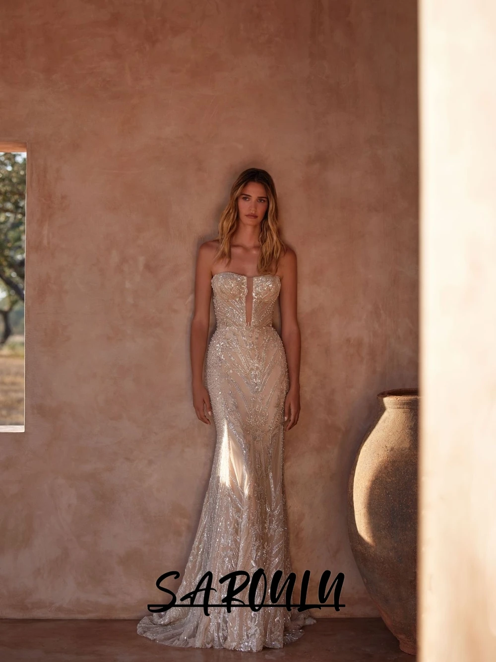 فستان زفاف أنيق مطرز بالترتر، أكمام قابلة للفصل، فستان زفاف حورية البحر رائع، ملابس عروس أنيقة مبهرة مخصصة