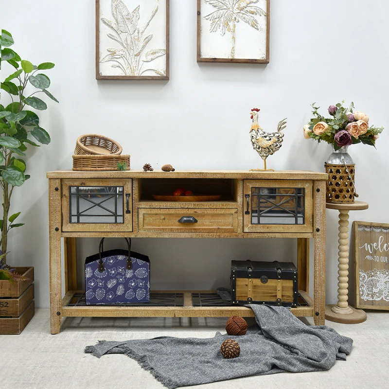 

Retro industrial style entrance table solid wood wrought iron against the wall side cabinet rectangular with drawers