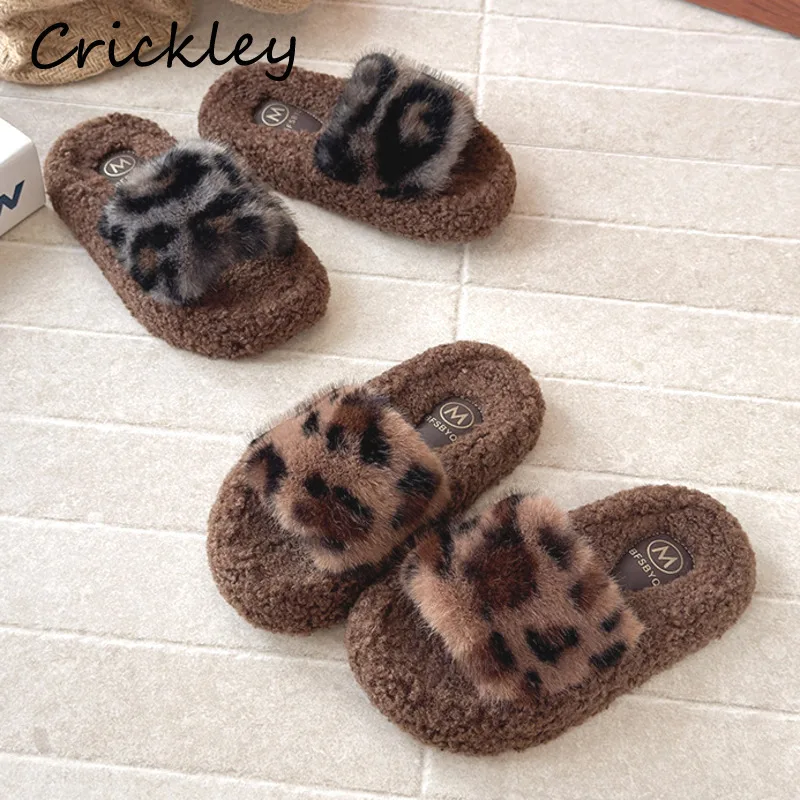 

Autumn Winter Leopard Kids Slippers Faux Fur Plush Soft Sole Girls Fashion Slippers Anti Slip Children Outdoor Shoes