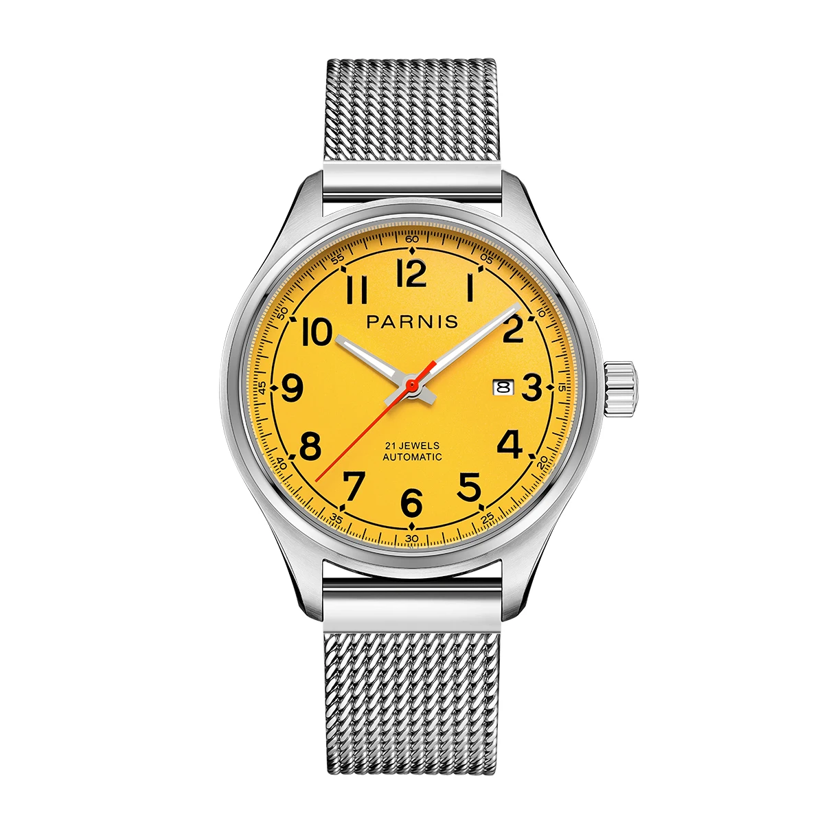 New Arrival Parnis 43MM Yellow Dial Men\'s Automatic Mechanical Watches Calendar Sapphire Glass Men Watches With Box Gift 2023