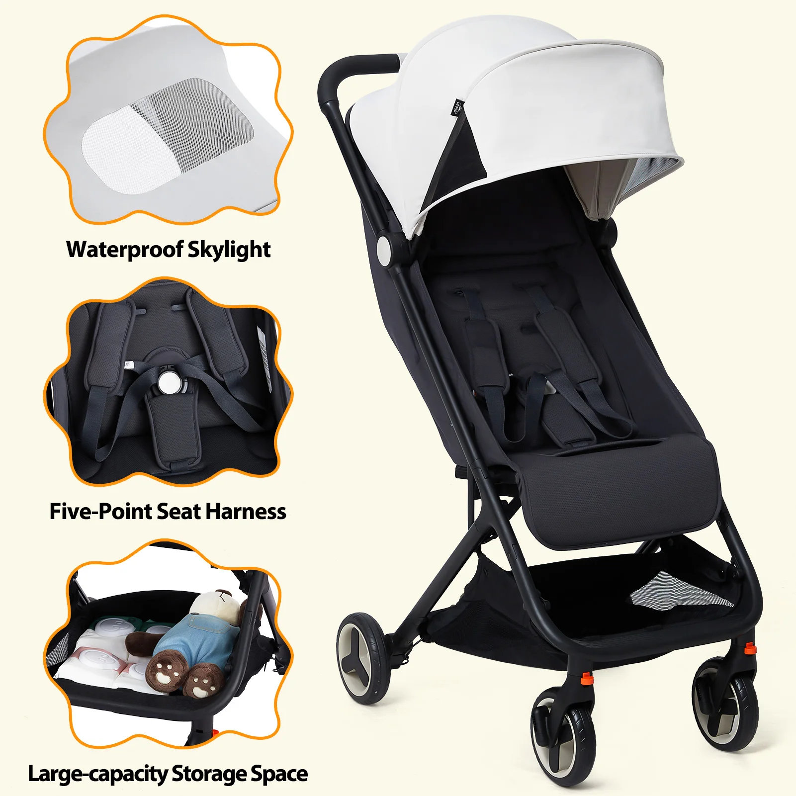 Lightweight Travel Stroller, Foldable Compact Stroller with Reclining Seat and Canopy, Airplane Friendly