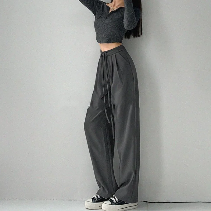 Solid Color Loose Straight High Waist Casual Elastic Waist Drawstring Folds Korean Version Mopping the Floor Fashion Trousers