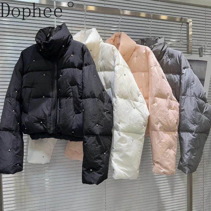 Cappotto corto da pane alla moda Spice Girls Nuovo autunno inverno Colletto alla coreana tutto-fiammifero Diamanti Piumino d'anatra bianco Giacca calda imbottita